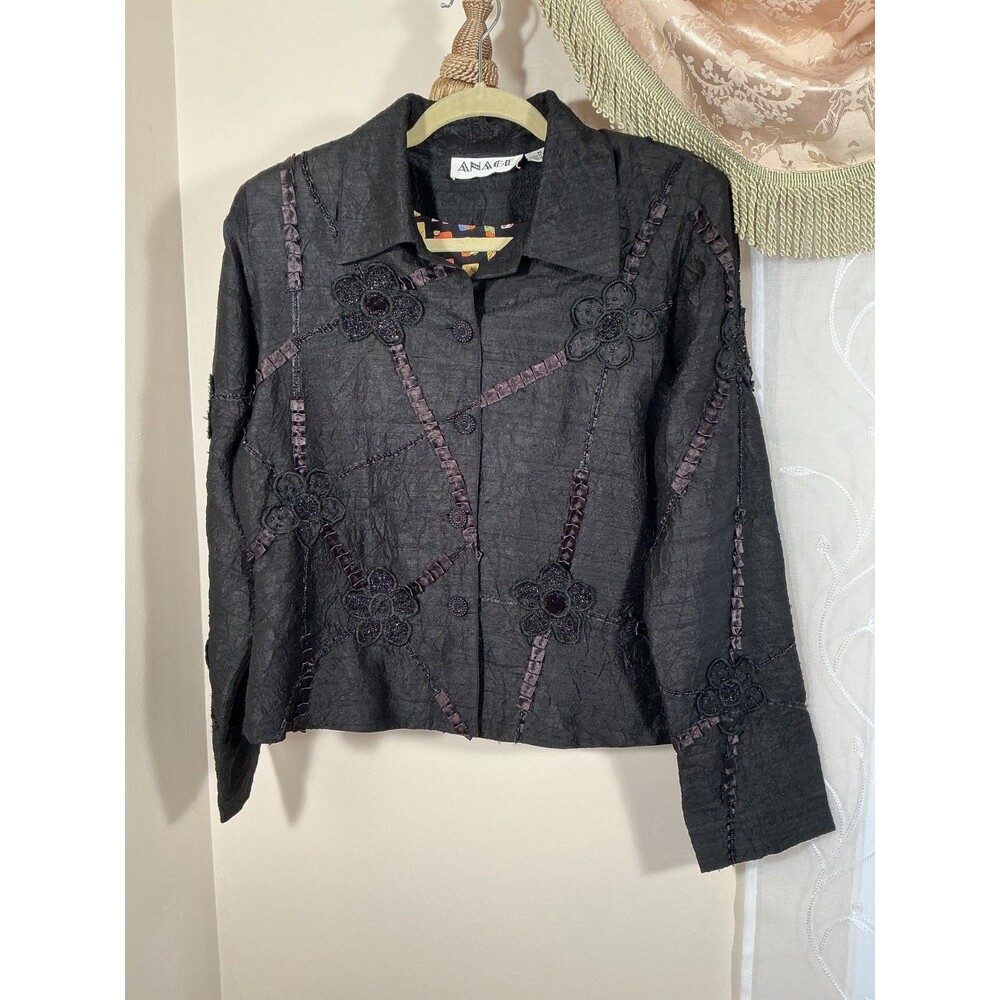 ANAGE 100% Silk Black Jacket Long Sleeves Sz M Lined With 100% Silk Embrodered